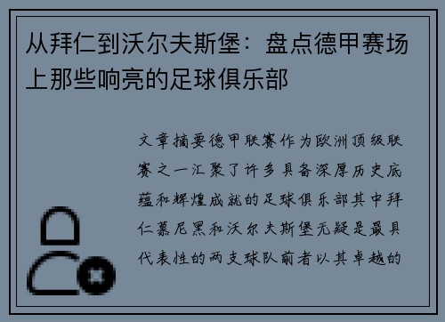 从拜仁到沃尔夫斯堡：盘点德甲赛场上那些响亮的足球俱乐部