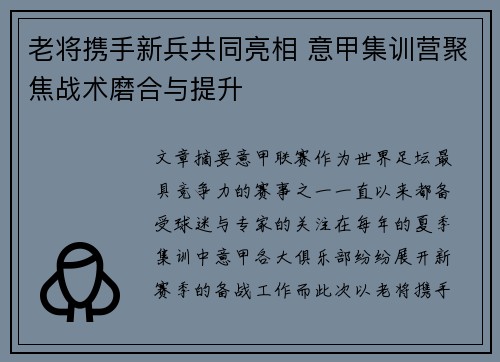 老将携手新兵共同亮相 意甲集训营聚焦战术磨合与提升